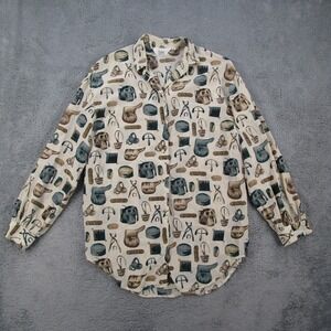 Ishyu Womens Vintage Blouse 6 Silk Equestrian Saddle Print Button Down Tan
